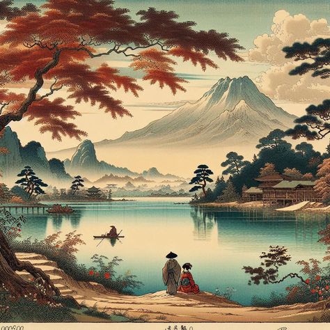 Tranquil Reflections of Edo In this exquisite artwork, the serene beauty of traditional Japan is captured through the lens of an Edo-period woodblock style. The scene unfolds with a tranquil lake reflecting the majestic presence of Mount Fuji, surrounded by lush greenery and ancient pine trees. A solitary fisherman in a small boat glides effortlessly across the water, while two figures in traditional kimono stand on the shore, gazing towards the distant horizon. The sky is painted in soft pa... Japanese Edo Art, Japan Edo Period Aesthetic, Kimono Stand, Japanese Port, Urashima Taro, Edo Japan, Edo Period Japan, Novel Cover, Japan Landscape