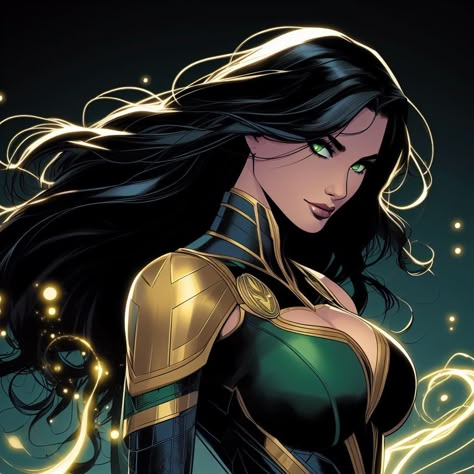 Loki X Oc Fanart, Female Loki Fanart, Lady Loki Comic, Green Superhero Suit, Lady Loki Fanart, Hela Fanart, Fem Loki, Female Loki, Green Superhero