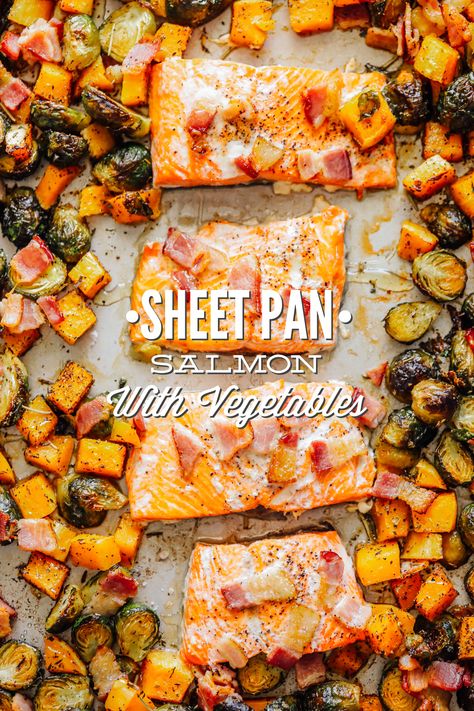 Sheet Pan Salmon with Brussels and Butternut Squash #realfood #cleaneaating #healthyrecipes #healthydinner #salmonrecipe #livesimply Brussels Sprouts And Butternut Squash, Sheet Pan Salmon, Pan Salmon, Salmon And Sweet Potato, Honey Salmon, Paleo Dinner, Sheet Pan Dinners, Squash Recipes, Sheet Pan Recipes