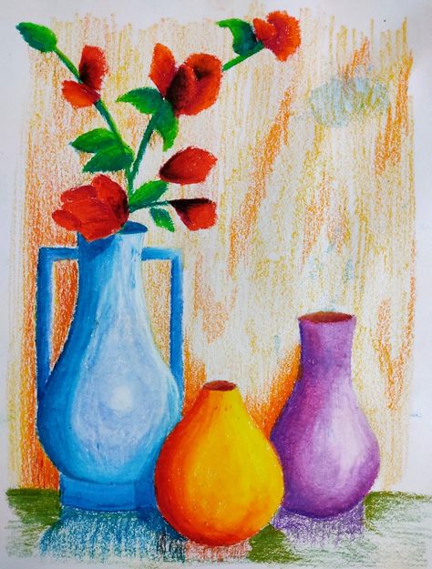 Flower Vase Still Life, Cartoon Drawing For Kids, Oil Pastel Drawings Easy, Oil Pastel Colours, Easy Art For Kids, Colored Pencil Artwork, Art Painting Tools, Oil Pastel Paintings, Beautiful Art Paintings