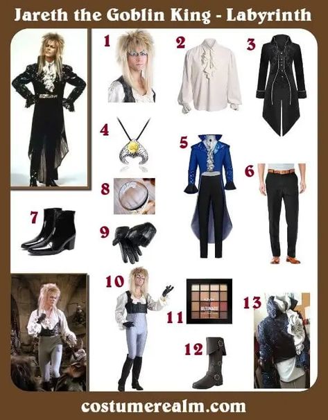 Dress Like Jareth The Goblin King Costume Guide For Halloween And Cosplay Jareth Labyrinth Costume, The Labrynth Costumes, The Labyrinth Cosplay, Hoggle Labyrinth Costume, Goblin King Labyrinth Costume, David Bowie Labyrinth Costume, Sarah Labyrinth Costume, Labyrinth Costume Ideas, Jareth The Goblin King Costume