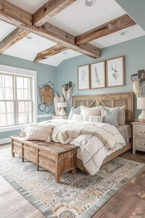 41 Warm and Cozy Farmhouse Bedroom Decor Ideas | VIVA Beautiful Guest Bedrooms, Cozy Farmhouse Bedroom, Modern Farmhouse Bedroom Ideas, Rustic Farmhouse Bedroom, Farmhouse Bedroom Ideas, Farmhouse Bedrooms, Inviting Bedroom, Farmhouse Bedroom Decor Ideas, Modern Farmhouse Bedroom