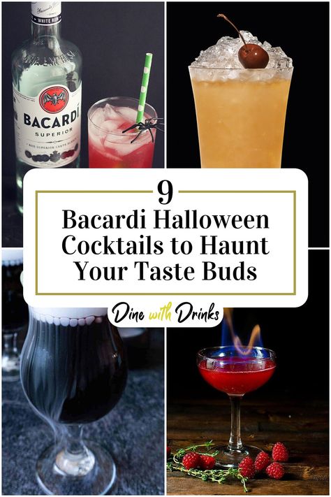 Collage of 4 bacardi halloween cocktails. Cocktails With Chambord, Spooky Cocktails Halloween Party, Drinks With Bacardi Rum, Alcoholic Drinks Rum, Bacardi Drinks, Blue Curacao Drinks, Chambord Cocktails, Grenadine Cocktail, Easy Halloween Cocktails