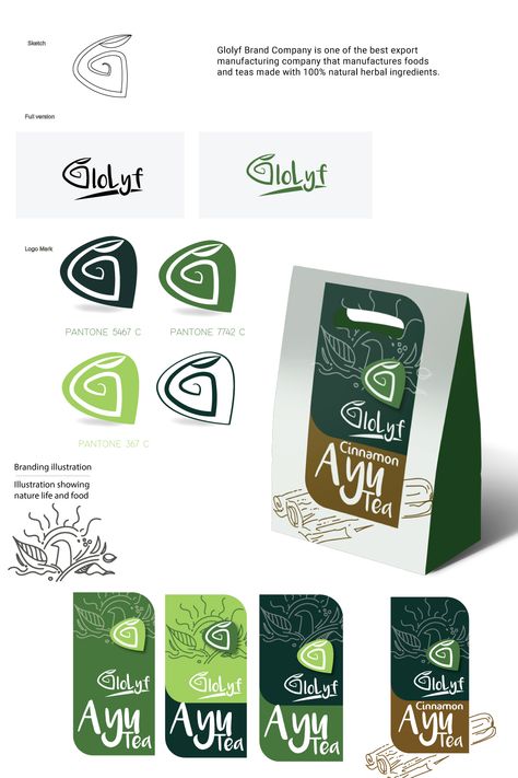 I have created this logo and packaging brand for Glolyf. Glolyf Brand Company is one of the best export manufacturing company that manufactures foods and teas made with natural herbal ingredients. Food Company Branding, Herbal Branding, Herbal Packaging, Herbal Logo, Food Manufacturing, Brand Illustration, Tea Brands, Tea Companies, Company Branding