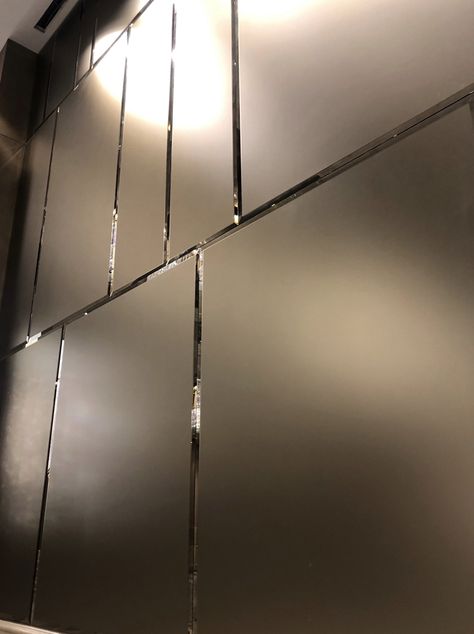 Segmented Bronze Acid Etch Mirror Feature Wall with 1-1/4” Bevels. #thevastdifference #vastinteriorslimited Bronze Mirror Texture, Etch Mirror, Mirror Feature Wall, External Wall Cladding, Frosted Mirror, Mirror Texture, Back Painted Glass, Etched Mirror, Tinted Mirror