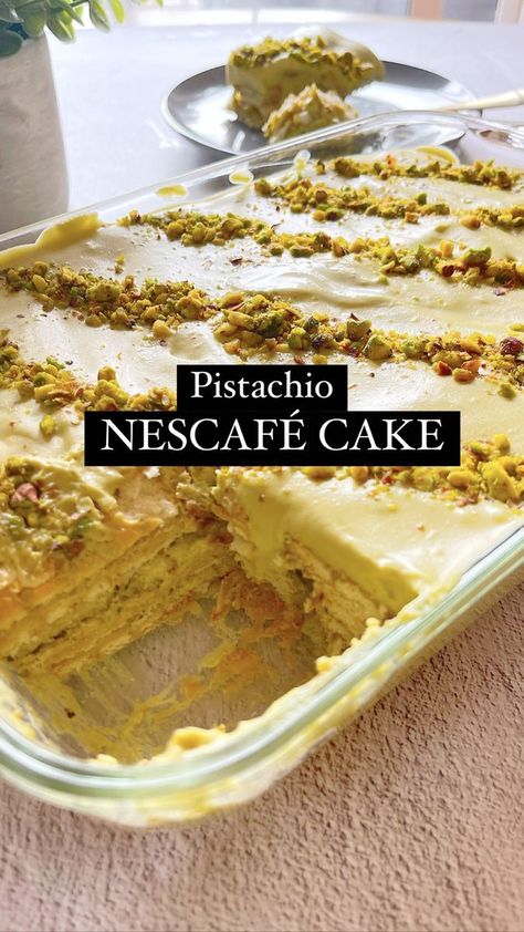 Pistachio Nescafe Cake (No Bake Cake!) I’m levelling up my last years viral Nescafe Cake to a pistachio one, with an addition of cream cheese for a creamier texture. It is so delectable and not overly sweet at all. I love how light this dessert is especially after breaking my fast during Ramadan. You should definitely add this to your iftar table! 2 cups heavy whipping cream 1 cup pistachio spread ½ block cream cheese 1 tsp vanilla 1.5 cups boiling water 2 tbsp Instant Nescafe Package of tea b Nescafe Cake, Pistachio Spread, Iftar Table, Cake No Bake, Bake Cake, 2 Block, Whipping Cream, Table 2, Boiling Water