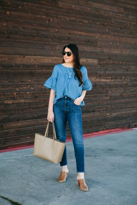 Chambray Ruffles + Two Must See Sales! | Kendi Everyday Chambray Top Outfit, Peasant Top Outfit, Half Tucked Shirt, Chambray Outfit, Chambray Shirts, Kendi Everyday, Summer Fashions, Chambray Top, Dresses Outfits