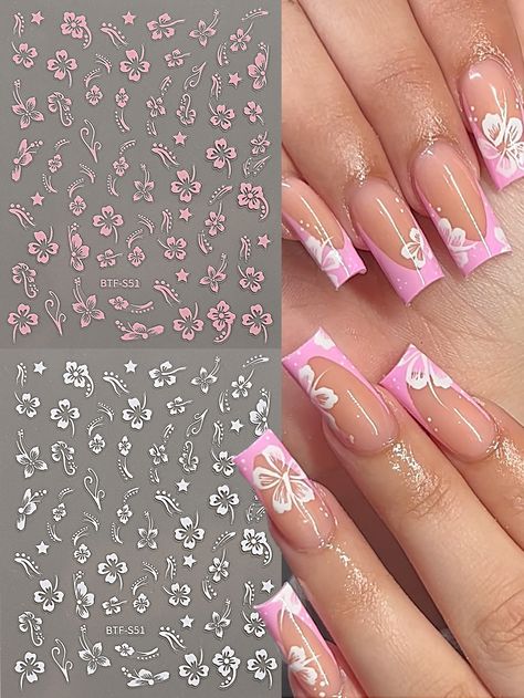 Multicolor  Collar  Plastic  Pattern Stickers Embellished   Beauty Tools Nail Flower Stickers, Flower Stickers Nails, Acrylic Nails With Hibiscus Flower, Summer Nails Charms, Pink And White Hibiscus Flower Nails, Cute Simple Nail Designs For Summer, Aruba Nails Tropical, Nail Art Stickers Design, Summer Nails Hawaiian Flowers