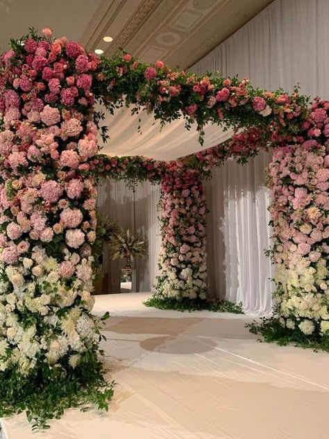 Floral Entryway Wedding, Wedding Entrance Arch Decor, Flower Partition, Wedding Entrance Decor Entryway, Extravagant Wedding Decor, Mandap Ideas, Chuppah Ideas, Mehendi Decor Ideas, Flower Backdrop Wedding