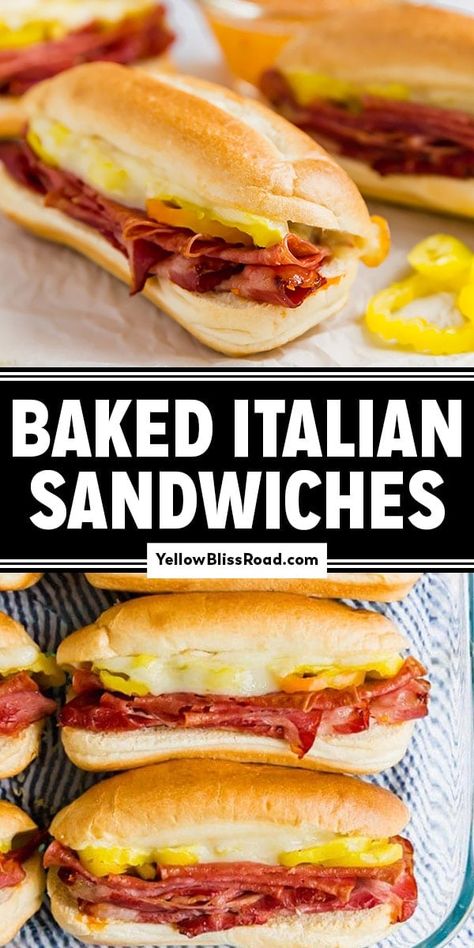 Baked Italian Sub Sandwiches are the ultimate game day meal, full of salami and ham, melted provolone cheese and peppers on toasted rolls.