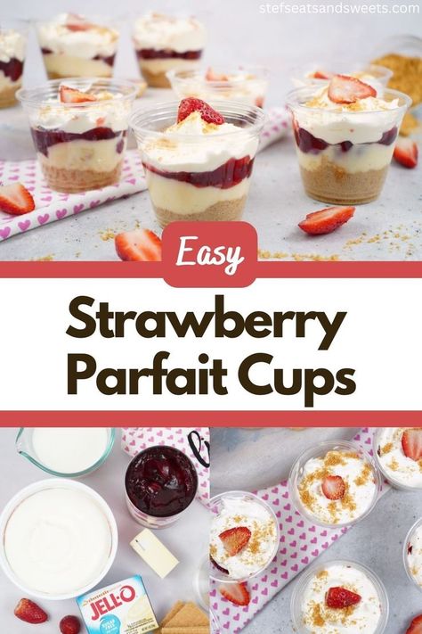 Easy Strawberry Pie Filling Parfait Cups | Looking for a super easy no bake dessert that you can enjoy anytime of the year? Check out these Easy Strawberry Pie Filling Parfait Cups for a light and simple dessert everyone will love. These would be great for Valentine’s Day, when you have company, or just for a quick dessert for the family. #valentinesday #nobake #desserts #strawberry #parfaits Strawberry Lasagna Desserts, Strawberry Parfait Recipes, Strawberry Parfaits, Easy Parfait, Oven Dried Strawberries, Strawberry Lasagna, Shooters Recipes, Mason Jar Desserts Recipes, Canned Pie Filling