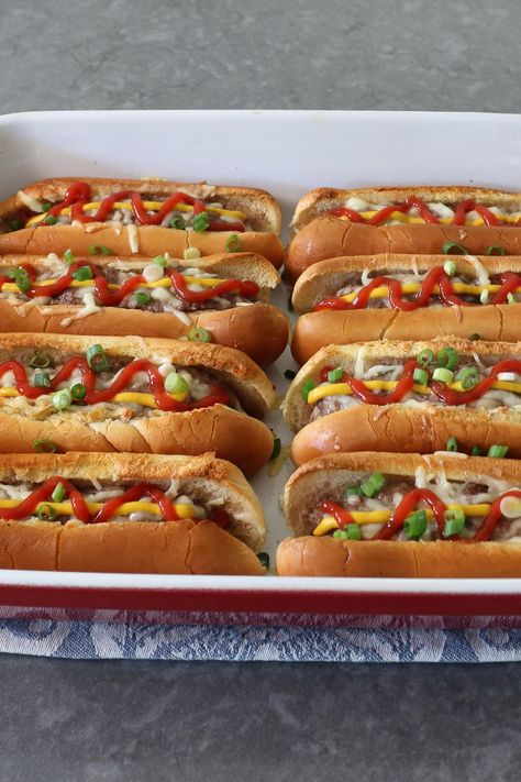 Hamburgers And Hot Dogs, Bake Burgers In Oven, Oven Baked Burgers With Onions, Cheese Stuffed Burger Dogs, Bacon Burger Dog, Baked Burgers, Hot Sandwich Recipes, Hot Dog Toppings, Burger Dogs