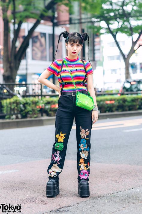 Tokyo Fashion on Twitter: "19-year-old Japanese student Ayane on the street in Harajuku wearing a UNIF rainbow top with O-Mighty embroidered Pokemon pants, a see through NaNa-NaNa bag, a harness, and Demonia platform boots #ポケモン #原宿 https://t.co/gPrfE9HJ46… https://t.co/FLxob15DIb" Pokemon Pants, Demonia Platform Boots, Japan Street Fashion, London Street Fashion, Mode Harajuku, Japanese Student, Japan Fashion Street, Rainbow Top, Harajuku Fashion Street