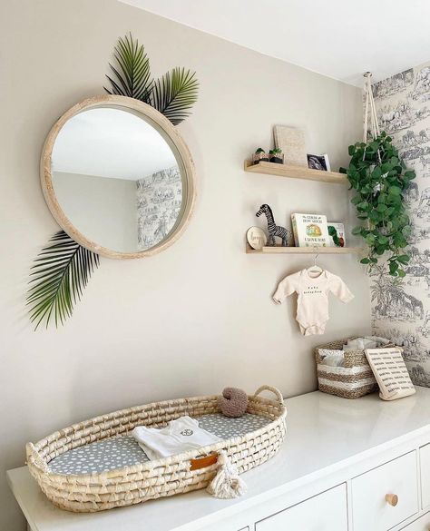 Baskets For Baby Room, Sage Safari Nursery, Sage And Beige Nursery, Sage Green Jungle Nursery, Boho Changing Table, Sage Nursery Girl, Boho Nursery Green, Baby Changing Station Ideas, Sage Baby Nursery