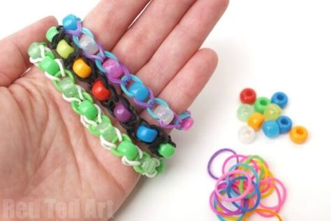 Pony Bead Rainbow, Loom Band Patterns, Bead Rainbow, Loom Band Bracelets, Bracelet Loom, Rainbow Loom Patterns, Red Ted Art, Rainbow Loom Bands, Pony Bead Bracelets