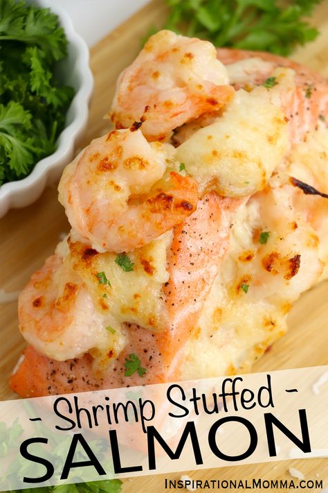 Easy Salmon And Shrimp Recipes, Stuff Salmon With Shrimp, Salmon And Shrimp Recipes Healthy, Shrimp Topped Salmon, Creamy Salmon And Shrimp Recipes, Salmon With Shrimp Recipes, Stuffing For Salmon Recipe, Salmon And Shrimp Stuffed Shells, Stuffed Salmon With Shrimp