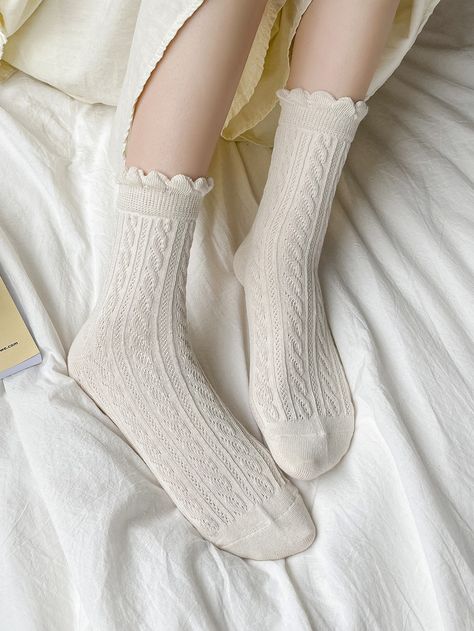 Beige  Collar  Fabric Plain Crew Socks Embellished   Women Socks & Hosiery Feminine Socks, Fancy Socks Women, Plain Socks Aesthetic, Cute White Socks Aesthetic, Cool Socks Aesthetic, Cute Super Soft White Socks, Aesthetic Socks Vintage, Coquette Socks, Socks Coquette