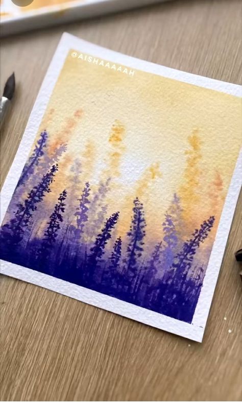 Watercolor Landscape Videos, Easy Watercolor Postcards, Watercolor Begginer, Cool Watercolor Ideas Aesthetic, Painting Inspiration For Beginners, Acvarel Painting Ideas Easy, Witchy Watercolor Art, Acrylic Water Painting, Watercolor Art Landscape Simple