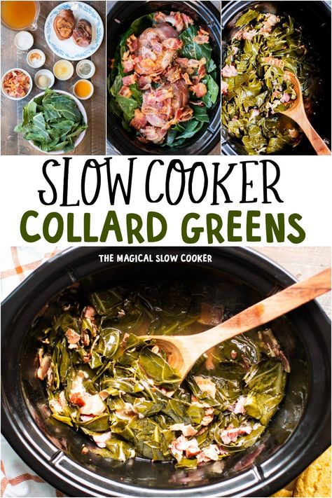 Prepare these easy Slow Cooker Collard Greens recipe for a delicious side. These collards have a smoky ham flavor and a great broth! #crockpot #collardgreens - The Magical Slow Cooker Collard Greens Recipe Southern, Slow Cooker Collard Greens, Easy Collard Greens, Crockpot Collard Greens, Collard Greens Recipe Soul Food, Easy Collard Greens Recipe, Collard Greens With Bacon, Greens Recipe Soul Food, Southern Collard Greens