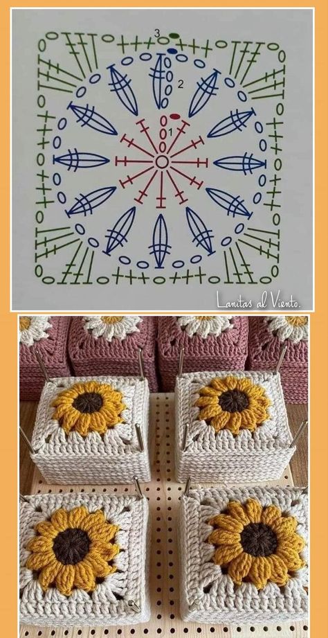 Granys Crochet Squares Flower, 3 D Granny Square Crochet, Sunflower Granny Square Pattern Diagram, Sunflower Granny Square Diagram, Crochet Flowers Square, Granny Square Crochet Sunflower, Granny Square Crochet Pattern Sunflower, Granny Square Cardigan Layout Pattern, Sunflowers Crochet Patterns