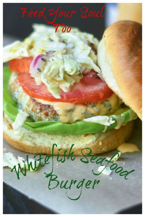 Whitefish Seafood Burger - Feed Your Soul Too #seafood #burger #glutenfree Seafood Burger, Paleo Honey Mustard, Specialty Sandwiches, Spicy Aioli, Creamy Coleslaw, Feed Your Soul, Juicy Tomatoes, Fresh Seafood, Sharing Board