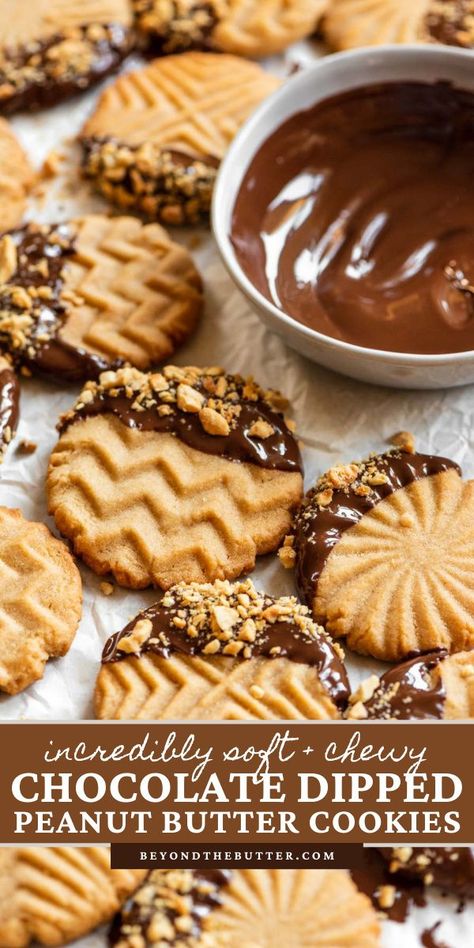 Incredibly soft and chewy on the inside and packed with loads of peanut butter flavor, these Chocolate Dipped Peanut Butter Cookies will be your new favorite, go-to cookie! Dipped in a semi-sweet melted chocolate and garnished with chopped peanuts, this classic cookie recipe is an easy one to make that tastes absolutely delicious, and will stay soft for days! Recipe on BeyondtheButter.com | #peanutbuttercookies #chocolatedippedcookies #peanutbutter #cookiestamps #beyondthebutter #cookierecipe Chocolate Dipped Peanut Butter Cookies, Peanut Butter Cookies Dipped In Chocolate, Chocolate Dipped Peanut Butter Cookies Ritz Crackers, Deep Dish Peanut Butter Cookie, Butter Cookies Dipped In Chocolate, Peanut Butter Cookies Dipped In Choc, Chocolate Peanut Butter Dessert Recipes, Dipped Peanut Butter Cookies, Ultimate Cookie Recipe