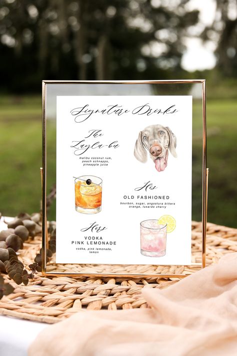 A fully custom signature drink sign to showcase your favorite cocktails at your wedding! Pet parents - this is a great way to include your fur babies on your special day! - After purchasing, please message me with photos of the cocktails and/or photos of your pets DESCRIPTION: - Cocktails and pets are painted with watercolor - Printed on 300gsm slightly textured, 100% cotton, acid free paper PROCESS: - Proofs will be sent through Etsy messaging unless you let me know you would prefer email SHIPP Watercolor Signature Drink Sign, Signature Drink Pet Sign, His Hers And Dog Drink, Signature Drink Wedding Sign, Custom Wedding Cocktails, His Her Drinks Wedding, Signature Cocktails Wedding Sign, Wedding Signature Drink Sign, Dog Signature Drink Wedding