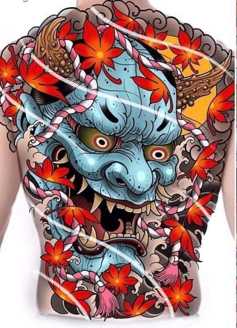 Japanese Pheonix Tattoo, Demon Mask Tattoo, Hannya Maske Tattoo, Mask Tattoo Design, Hannya Maske, Japanese Demon Tattoo, Japanese Demon Mask, Oni Mask Tattoo, Japanese Back Tattoo