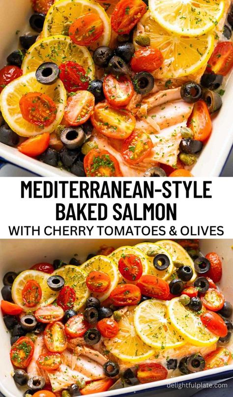 a baking dish with Mediterranean-style baked salmon fillets with lemon, cherry tomatoes, capers and olives Baked Salmon With Lemon, Salmon Recipes Oven, Baked Salmon Lemon, Salmon With Lemon, Fusion Dishes, Fish Recipes Healthy, Baked Salmon Recipes, Healthy Fish, Salmon Fillets