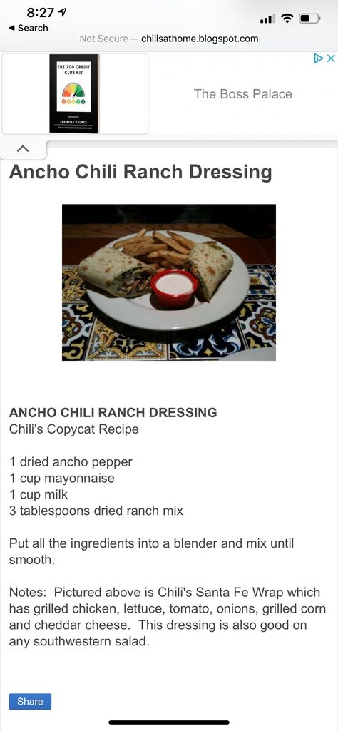 Ancho Chili Ranch Dressing, Chili's Ancho Chile Ranch Sauce, Ancho Ranch Dressing, Chilis Copycat Recipes, Dry Ranch Mix, Ranch Sauce, Ranch Mix, Ancho Chili, Food Goals