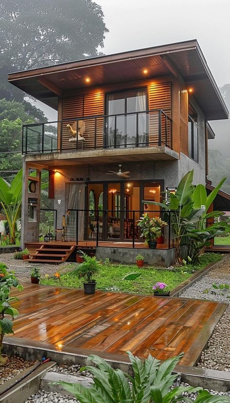 Bamboo House Design Philippines, Modern Bamboo House Design, 60sqm House Design, Small Tropical House Design, Jungle House Aesthetic, Wooden House Architecture, Japanese Country House, Asian Farmhouse, Small Tropical House