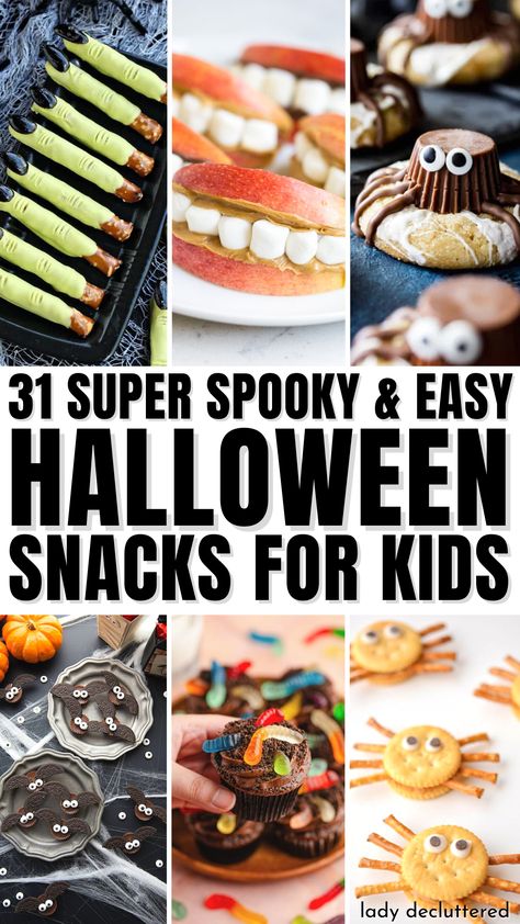 31 Super Spooky & Easy Halloween Snacks for Kids Easy Spooky Treats For Halloween, Halloween Party Snack Ideas For Kids, Diy Halloween Food Snacks, Halloweenfoodideas Easy, Kids Halloween Appetizers, Easy Halloween Snacks For Party Healthy, Cute Easy Halloween Snacks, Halloween Crunchy Snacks, Kids Halloween Class Treats