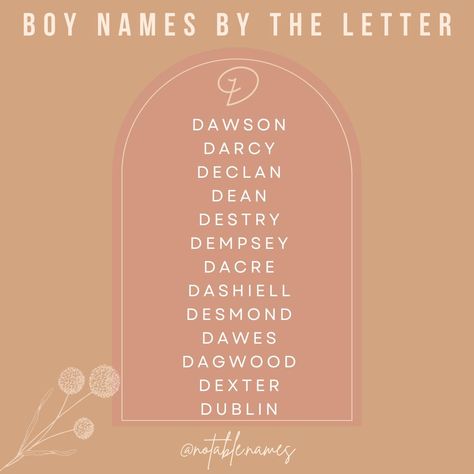 This post is brought to you by the letter D. These boys names are a selection of some of my favourite names that begin with the letter D. This list, per usual is all over the map! We've got classic names, gender neutral names, surname names, place names and everything in between. Show me a name with a little whimsy, a little pizzaz and you'll be showing me a name I love 😍 Did your fave D name make the list? #names #babynames #babynameinspo #babyboynames #babynameideas #boynames D Baby Names, D Boy Names, D Names, Names Gender Neutral, Bible Baby Names, D Name, Neutral Names, Boys Names, The Letter D