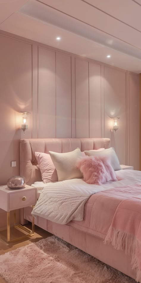 70 Modern Pink Bedroom Design and Decor Ideas for Home Owners – CreativeBooster Pink Bed In Bedroom, Dreamy Pink Bedroom, Pink Bed Bedroom, Pink Bedroom Inspo Aesthetic, Soft Pink Interior, Pink Walled Bedroom, Modern Pink Aesthetic, Bed Design For Girls Room, Soft Pink Bedroom Aesthetic