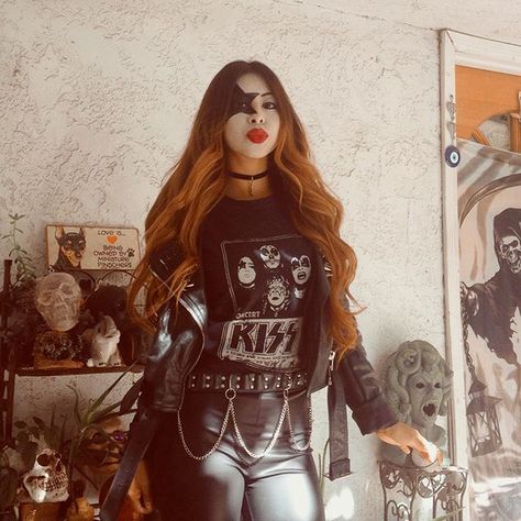 Pin for Later: 27 Last-Minute Costumes That College Students Will LOVE Kiss Band Member Kiss Band Costume Diy, 80s Band Costume Halloween, Kiss Band Concert Outfit, Kiss Band Outfit Ideas, Kiss Band Outfits, Kiss Concert Outfit Ideas, Kiss Band Costume, Kiss Band Makeup, Rocker Halloween Costume