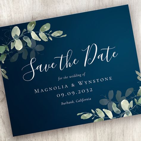 Blue Wedding Save The Date, Navy Blue Wedding Theme, Olive Green Weddings, White Weddings Reception, Green Themed Wedding, Watercolor Eucalyptus, Green Wedding Invitations, Sage Green Wedding, Save The Date Card