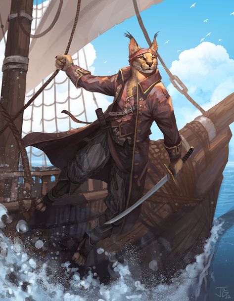 Shark Folk Dnd, Dnd Ship Crew, Dnd Treasure Hunter, Shipwright Character, Cat Pirate Art, Beastfolk Character Design, Tabaxi Swashbuckler, Dnd Swashbuckler, D&d Pirate