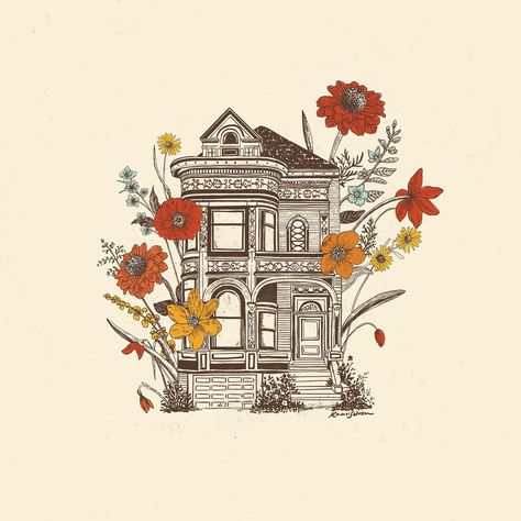 Obsessed with this floral piece from a few years ago! What fun it is to draw Victorian houses✨ swipe to see up close details Victorian Homes Drawing, Victorian House Drawing, Victorian House Tattoo, Home Tattoo, House Drawing, Victorian Homes, Art Projects, Tattoos, Drawings