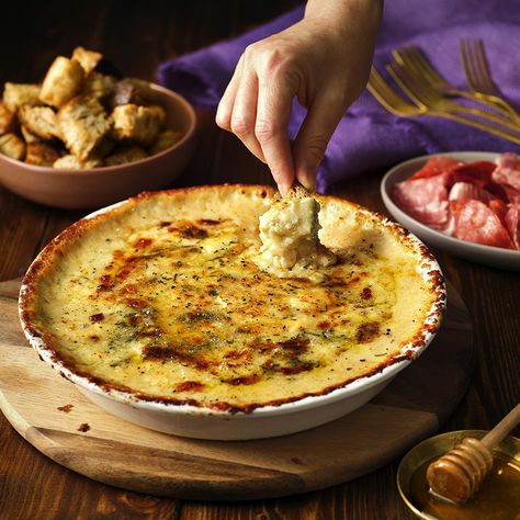 Baked Cheese Recipe | Recipes from Ocado Cheese Baked, Cheese Bake, Pub Cheese Recipe, Fondue Dippers, Pizza Express, Appetizer Menu, Baked Cheese, Dry White Wine, Xmas Food