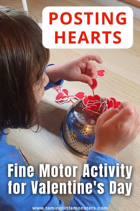 Posting Hearts (Valentine’s Fine Motor Activity for Kids). Help older babies and toddlers develop fine motor skills with this easy play idea. Perfect for valentines day. #valentine #finemotor #baby #toddler #preschool Fine Motor Activity, February Crafts, Fine Motor Activities For Kids, Kids Help, Pre Writing Activities, Preschool Fine Motor, Preschool Valentines, Valentines Crafts, Valentine Activities