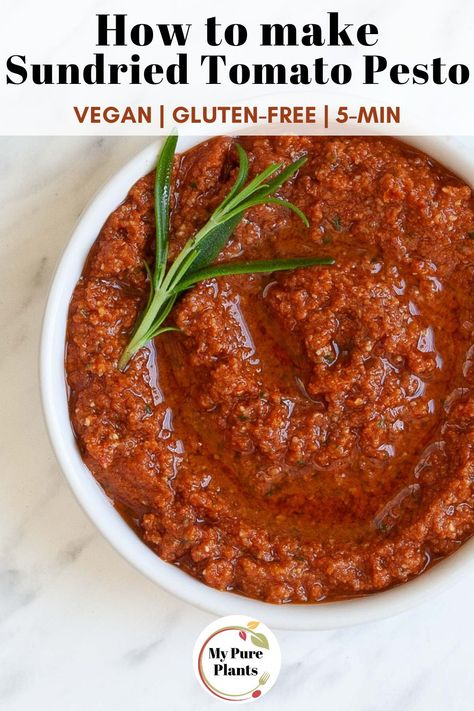 This delicious vegan sun-dried tomato pesto, enhanced with the addition of fragrant rosemary, offers a bold and savory flavor that is sure to satisfy. The taste of sun-dried tomatoes is expertly balanced with the woodsy notes of rosemary for a truly unique and delicious pesto experience. Red Pepper Pasta Sauce, Vegan Mushroom Pasta, Vegan Pasta Sauce, Vegan Risotto, Zesty Salad, Sundried Tomato Pesto, Vegan Parmesan Cheese, Vegetarian Breakfast Recipes, Vegan Pasta Recipes