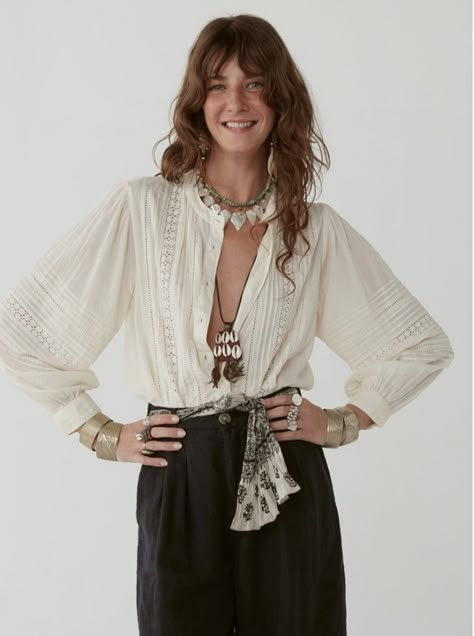 Romantic Blouses, Gathered Sleeves, Ruffled Collar, Lace Insert, Boho Blouses, Cotton Voile, Linen Pants, Effortless Style, Boho Chic