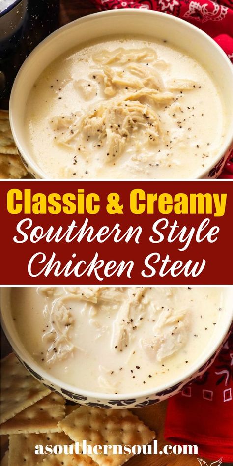 There are few things as comforting as a bowl of homemade chicken stew. This classic, “Southern Style” recipe has been around for generations. It’s full of tender chicken in a creamy broth seasoned with salt and pepper. It’s simple, straightforward, and absolutely delicious! Classic Chicken Stew Recipe, White Chicken Stew, Chicken Stew Creamy, Stove Top Chicken Stew, Insta Pot Chicken Stew Recipes, Holdens Ranch Chicken Stew, Stewed Chicken And Noodles, Southern Style Chicken Stew, Rotisserie Chicken Stew Recipes