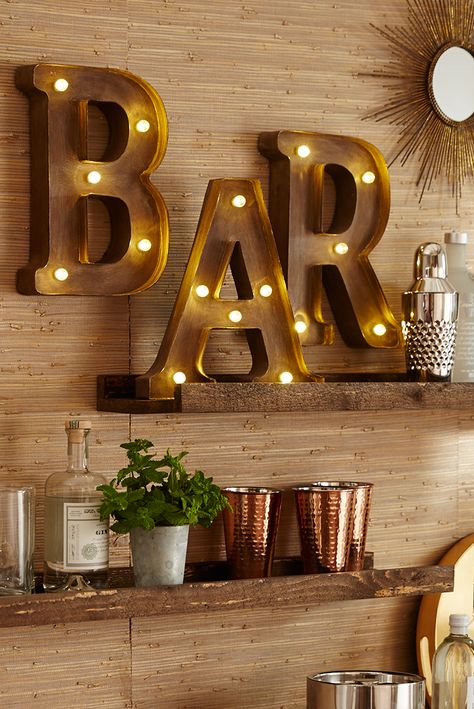 Pier 1’s LED-equipped Marquee Wall Letters will help you make a stylish statement to your Thanksgiving guests—like "Here's the bar," for example. Opening A Coffee Shop, Condo Decor, Dining Ideas, Bar Designs, Backyard Bar, Home Bar Designs, Bar Cart Decor, Mini Bars, Bookshelves Diy