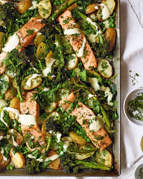 Salmon and broccoli traybake with mustard sauce | delicious. magazine Pea Guacamole, Salmon Meals, Mustard Sauce Recipe, Salmon Broccoli, Salmon Fillet Recipes, Salmon And Broccoli, Salmon Fillet, Potato Bake, Tray Bake Recipes