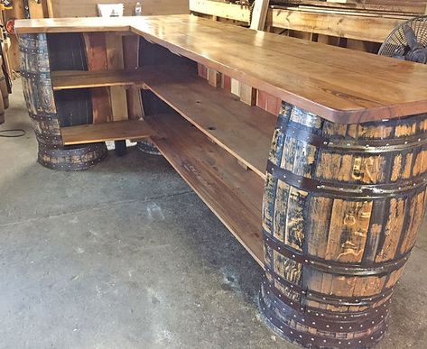 Bar With Whiskey Barrels, Home Bourbon Bar Ideas, Whiskey Barrel Bar Ideas, Barrel Bar Ideas, Bourbon Bar Ideas, Bourbon Barrel Bar, Rustic Bars, Whiskey Barrel Decor, Rustic Outdoor Bar