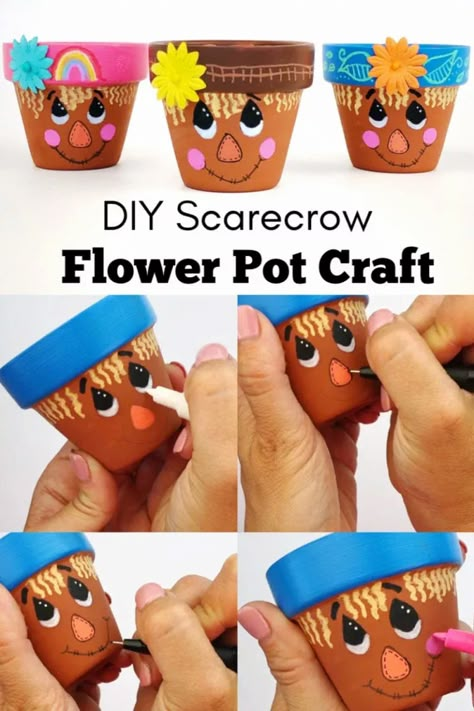 Scarecrow Flower Pot, Pot Craft, Diy Scarecrow, Clay Pot Projects, Flower Pot People, Flower Pot Art, Inexpensive Crafts, Terra Cotta Pot Crafts, Painted Clay Pots