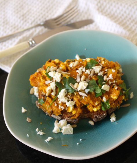 Pumpkin Bruschetta, Smashed Pumpkin, Pumpkin Feta, New Guy, Bruschetta Recipe, Summer Menu, Toasted Pine Nuts, Roast Pumpkin, Sourdough Bread