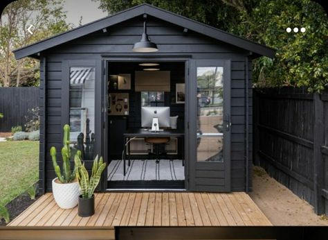 Black Shed, Office Shed, Shed Office, Backyard House, Backyard Studio, Black Barn, Three Bedroom House, Scandinavian Interiors, Backyard Office