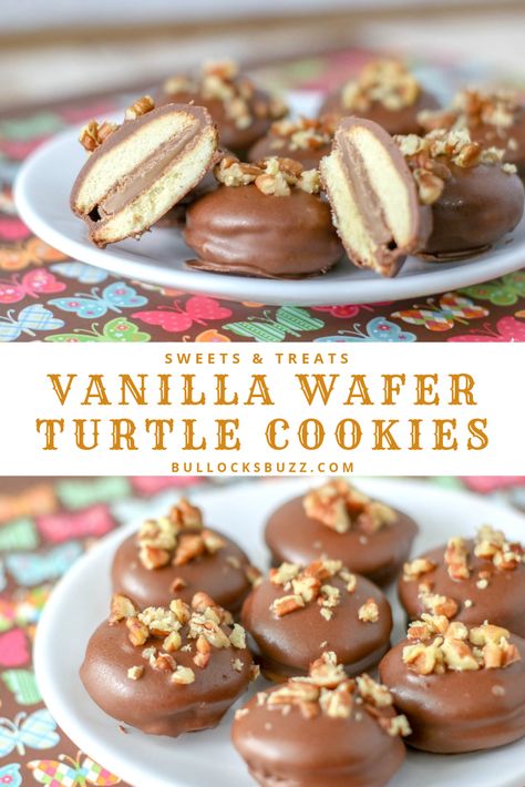 These Vanilla Wafer Turtle Cookies have it all - warm, gooey buttery caramel, rich milk chocolate, salty pecans, and the crunchy sweetness of vanilla wafers. Best of all, these chocolate-covered sandwich cookies are incredibly easy to make!  #cookies #easyrecipe Vanilla Wafer Truffles, Desserts Using Vanilla Wafers, Vanilla Wafers Dessert Ideas, Vanilla Wafer Recipe Ideas, Chocolate Covered Cookies Ideas, Vanilla Wafer And Rolos, Vanilla Wafers Ideas, Easy Dinners For Summer, Recipes Using Vanilla Wafers